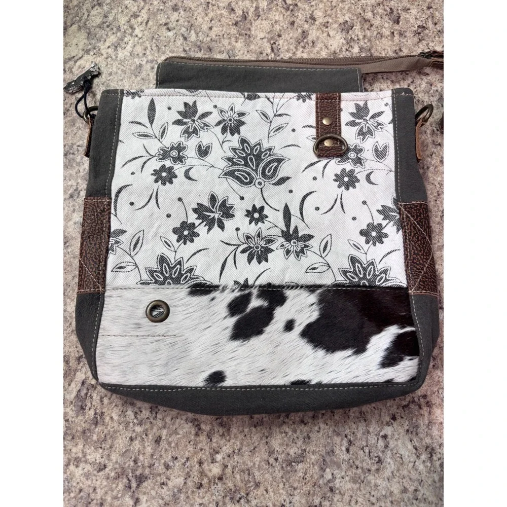 Myra Bag Canvas Cowhide Floral Crossbody Messenger Bag Olive Green Brown New